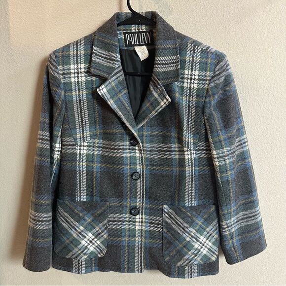 Vintage Paul Levy Plaid Wool Full Zip Blazer Jacket structured shoulders size 4 - Picture 1 of 8